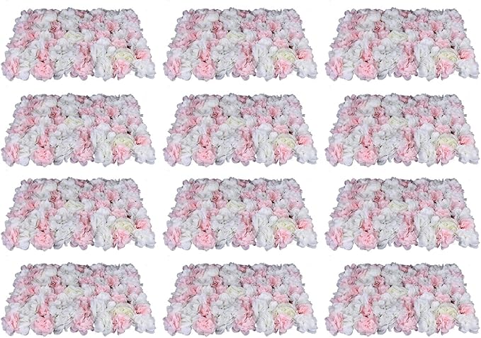 12 PCS Artificial Flower Wall Panels 24" x 16" Decorative Hydrangea and Rose Flower Backdrop Panels Wedding Party Event Decoration Photo Backdrop Decor (12 PCS, Pink + White)