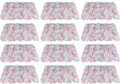 12 PCS Artificial Flower Wall Panels 24" x 16" Decorative Hydrangea and Rose Flower Backdrop Panels Wedding Party Event Decoration Photo Backdrop Decor (12 PCS, Pink + White)