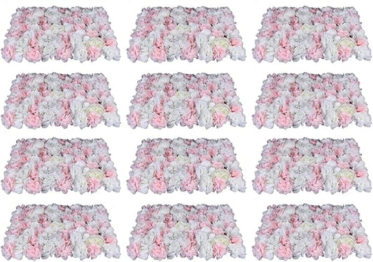 12Pcs 15.75" x 23.62x 0.79 Artificial Flower Wall Panels,Flower Wall Mat Silk Flower Panels for Outdoor Garden Backyard Fence Fence Privacy Screen and Indoor Wall Decor(12Pcs White+Light Pink)