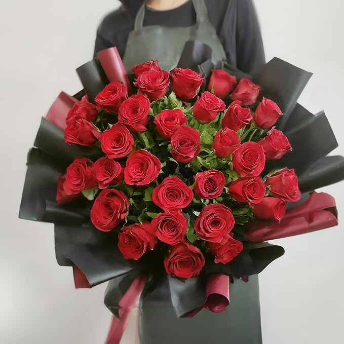 LeZakaa 20 Sheets Flower Wrapping Paper - Waterproof Reversible Floral Bouquet Paper - Black and Burgundy Design for Mother's Day, Parties, Birthdays, Weddings, Graduations, Valentine's Day