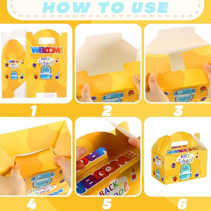 24 Pcs Back to School Party Favor Boxes First Day of School Gift Goodie Candy Cookie Treat Boxes with Handles for Classroom New Semester Favors Party Supplies
