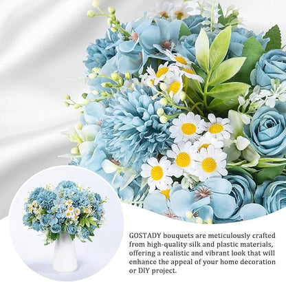 12 Bundles Artificial Flowers Blue Fake Rose Flower Mixed Chrysanthemum Hydrangea Flower Arrangements for DIY Wedding Table Centerpieces Party Baby Shower Home Decorations