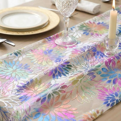 Artoid Mode Multicolor Gold Dahlia Flower Gauze Table Runner 120 Inch 10FT, Glitter Metallic Foil Sheer Cheesecloth Dining Holiday Table Decor for Home Party