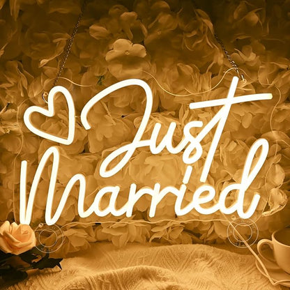 SYLHOME Just Married Led Neon Light Sign Heart Wedding Bridal Shower Backdrop Bedroom Wall Sign Decor Engagement Proposal Party Light Up Sign 15.75" X 9.25" USB
