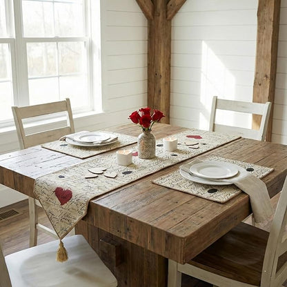 Tache Romantic Cursive Handwritten Love Letter Valentine Hearts Beige Table Runner - Vintage Farmhouse Woven Tapestry Kitchen Dining Dinner Linen Napery Cloth - 13 x 54 inches