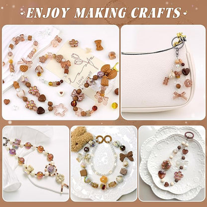 Assorted 200-260PCS Brown Acrylic Beads for Bracelet Making, Flower Bow Candy GummyBear Bracelet Charms,Cute Beads for Jewelry Making DIY Necklace Keychain Phone Charm Christmas Gift