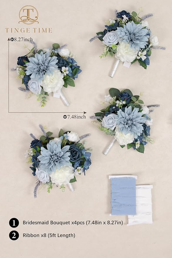 TINGE TIME 7inch Wedding Bouquets for Bridesmaid, Artificial Flowers Cascading Bridal Bouquet for Wedding (DarkBlue, Set of 4)
