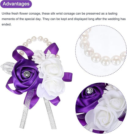 MECCANIXITY 6Pcs Wrist Corsage Artificial Flower Bracelets Rose Wrist Bride Groom Decorative for Wedding Ceremony Prom Party Anniversary Purple
