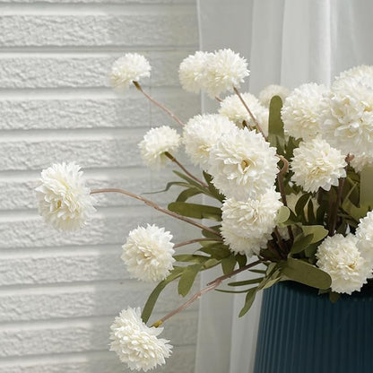 Faux Kiku Flower - White 12 Stems Faux Silk Mini Chrysanth with Stems Bulk Pompon Mum Artificial White Flower Ball for Floral Arrangements Silk Flowers for Home Decor Indoor