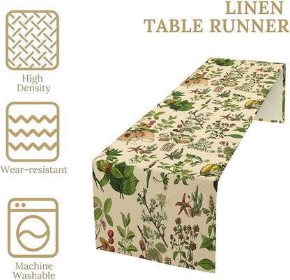 Vintage Botanical Table Runner Rustic Wildflower Plants Herbs Retro Boho Wild Floral Ferns Green Leaf Spring Summer Seasonal Dinner Runner for Home Kitchen Cabin Holiday Party Decor 13x60in