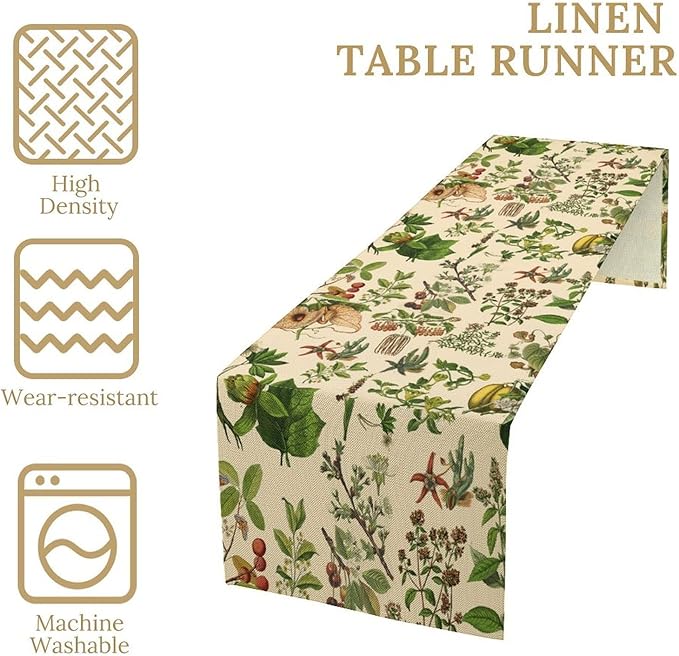 Vintage Botanical Table Runner Rustic Wildflower Plants Herbs Retro Boho Wild Floral Ferns Green Leaf Spring Summer Seasonal Dinner Runner for Home Kitchen Cabin Holiday Party Decor 13x108in