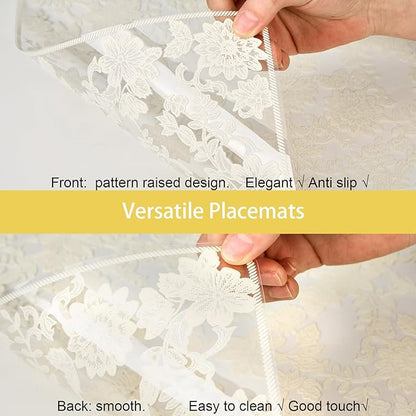 Clear Placemats Set of 6 Rectangle - PVC Place Mats with Beige Flower Carft Table Protector for Kitchen Dining Room, Wahsable Heat Resistant Non-Slip Reversible Table Mats