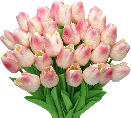 28pcs Pink Flowers Artificial Tulip Stems Real Feel PU Tulips for Easter Spring Wreath Wedding Bouquet Centerpiece Floral Arrangement Cemetery Table Décor 13" Tall