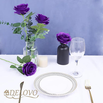 52pcs Purple Roses Artificial Flowers Fake Flowers Silk Roses with Stems for DIY Wedding Bouquets Bridal Shower Centerpieces Arrangements Party Decorations