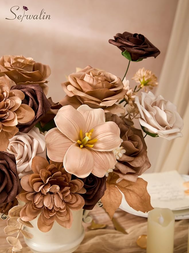 Serwalin Artificial Flowers,Brown & Apricot Fake Silk Flowers for DIY Wedding Bouquets Bridal Shower Centerpieces Floral Arrangements Party Tables Home Decorations