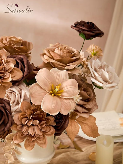 Serwalin Artificial Flowers,Brown & Apricot Fake Silk Flowers for DIY Wedding Bouquets Bridal Shower Centerpieces Floral Arrangements Party Tables Home Decorations