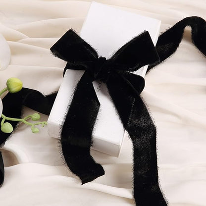 Velvet Ribbon for Gift Wrapping Black Handmade Fringe Ribbons for Crafts Bouquet Halloween Decorations 2 Rolls 1 1/2 Inch x 2 Yd (4 Yards Total)