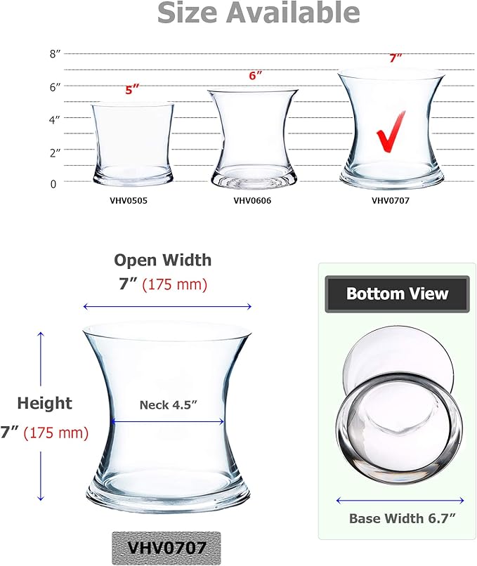 WGV Unique Bouquet Vase Bulk, 7" W, 7" H, Clear Short Hurricane Concaved Neiman Glass Floral Container, Home Wedding Event Decor, 8 Pieces (VHV0707)