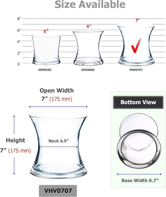 WGV Unique Bouquet Vase Bulk, 7" W, 7" H, Clear Short Hurricane Concaved Neiman Glass Floral Container, Home Wedding Event Decor, 8 Pieces (VHV0707)