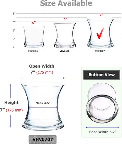 WGV Unique Bouquet Vase, 7" W, 7" H, Clear Short Hurricane Concaved Neiman Glass Floral Container, Home Wedding Event Decor, 1 Piece (VHV0707)