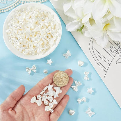 1 Box 7 Styles 700PCS Pearl Beads Kit with Hole Floral White ABS Plastic Heart Star Round Bow Assorted Imitation Pearls Loose Bead for Jewelry Making Bracelet Necklace DIY Crafts Supply