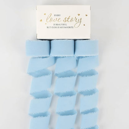 MEEDEE Light Blue Chiffon Ribbon 1 Inch Fringe Ribbons Baby Blue Chiffon Silk Frayed Edge Ribbon Thin Chiffon Ribbons for Crafts, Gift Wrapping, Wedding Invitation (3 Rolls 21 Yards)