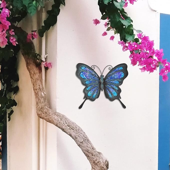 HONGLAND Metal Butterfly Wall Decor Outdoor Indoor Art Sculpture Hanging Glass Decorations Blue for Home Garden Bedroom