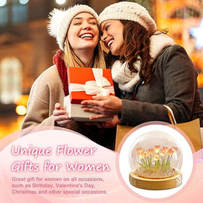 Tulips Lamp Gifts for Women, Tulips Artificial Flowers Night Light, Light Up Pink Tulip in Glass Dome for Bedroom, Unique Birthday Gifts for Women, Mom, Sister, Friends, Cute Home Decor