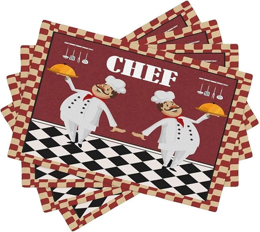 Chef Kitchen Linen Placemats Set of 4 Funny Fat Chef Red Plaid Placemats for Indoor Outdoor Party Home Desktop Dining Room Decor 12x18 Inch