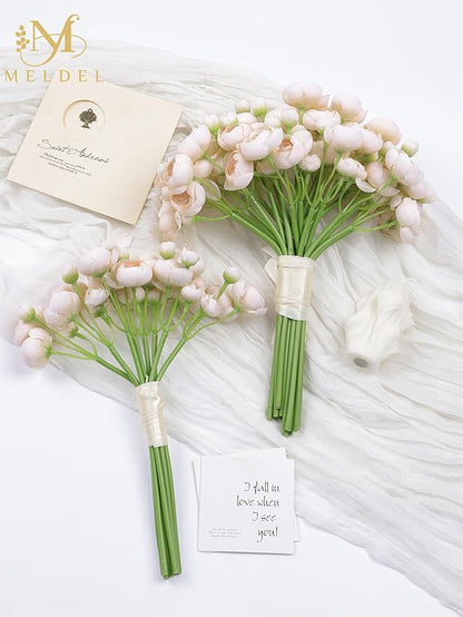 Meldel 32Pcs Ranunculus Artificial Flower, Faux Light Champagne Ranunculus Flowers for DIY Bouquet, Bulk Fake Peony Wedding Filler Flowers for Centerpieces Arrangements Bridal Shower Decorations