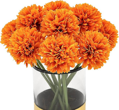 10Pcs Artificial Fake Flower Plants Silk Chrysanthemum Ball Hydrangea Arrangements Wedding Bouquets Decor Home Kitchen Garden Party Table Floral Centerpieces DIY (Orange)