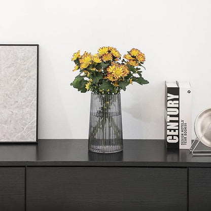 Black Glass Vase for Flower, Flower Vase for Bouquet, Modern Glass Vases, Ribbed Vases for Living Room, Bedroom, Dining Table, Office, Wedding, Centerpieces, 8 Inches