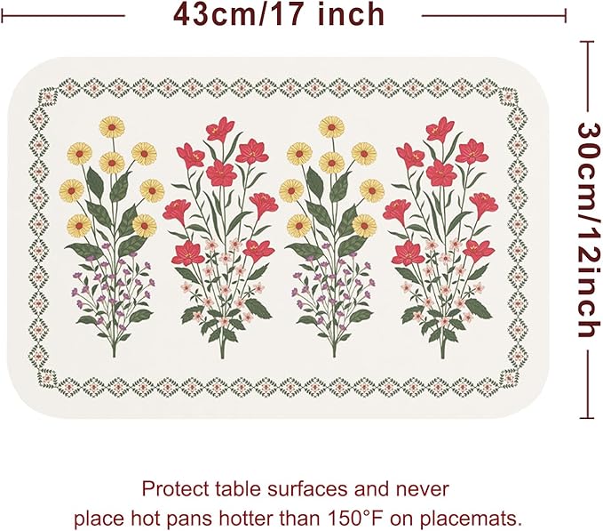 ISAENNE Design Rectangular PVC Placemats Set of 6,Colorful Floral Pattern Placemats, Waterproof and Heat-Resistant,Decoration for Kitchen, Dining, Party, Holiday,12"*17"