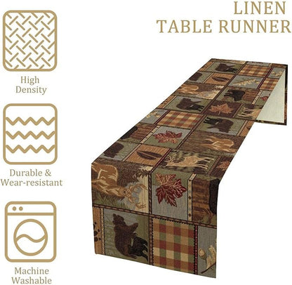Rustic Bear Table Runner, Vintage Cottage Country Style Pine Tree Elk Wildlife Dinner Runner for Home Kitchen Dining Table Decoration 13"x108"