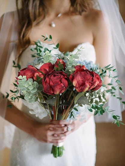 Peonies Artificial Flowers 2 Bouquets, Vintage Peonies 18pcs Silk Peonies with Stems Real Look Red Fake Peonies Flowers Artificial for Decoration for Wedding Bouquet (Red)