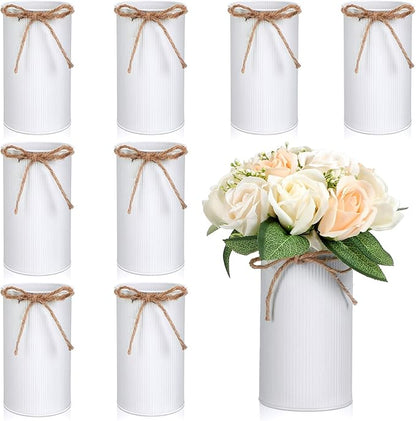 Domensi 5.91 in High Farmhouse Vase Decor Galvanized Metal Flower Vase with Twine Bow Vintage Rustic Tin Flower Buckets for Artificial Floral Table Container DIY(White,8 Pcs)