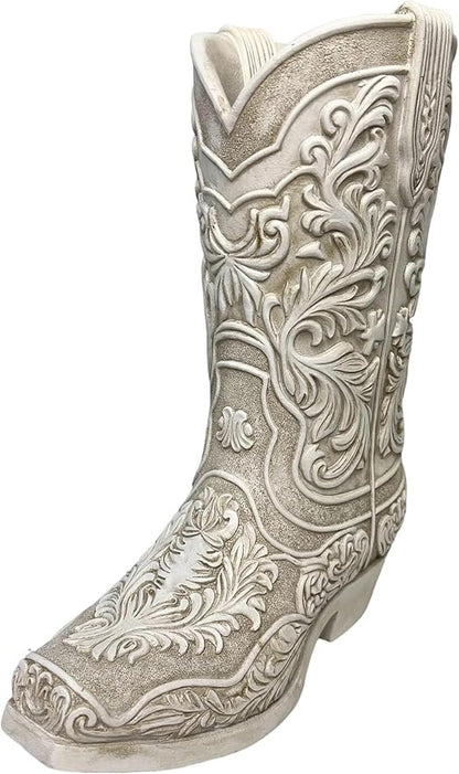 Cowgirl Boot Flower Vase – 9” Tall Antique White Finish with Intricate Tooled Leather Detailing - Decorative Western Cowboy Modern Rustic Decor