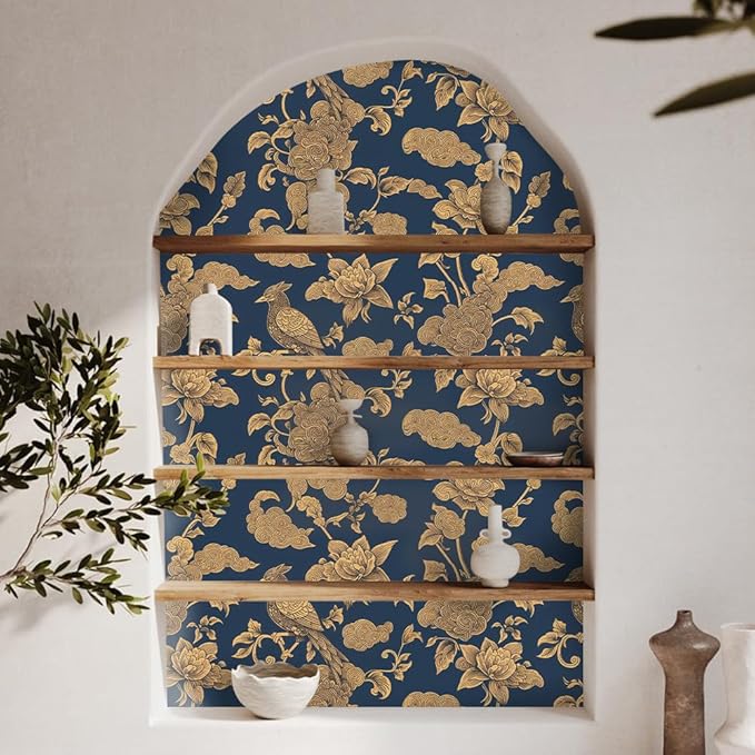 Vintage Birds and Flowers Wallpaper,17.71" x 118.1" Removable Peel and Stick Wallpaper Decorative Self-Adhesive Contact Paper for Living Room Bedroom Washroom Cabinet Wall