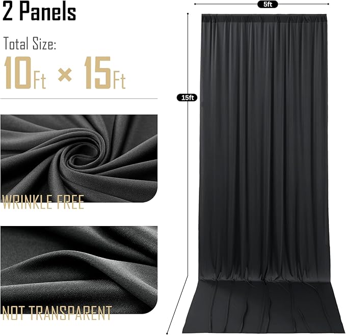 gogoparti 10x15 ft Black Backdrop Curtain for Weddings & Parties - 2-Panel Wrinkle-Free Polyester Drape, 15 FT Long for Birthday, Baby Shower, Halloween Photography Background