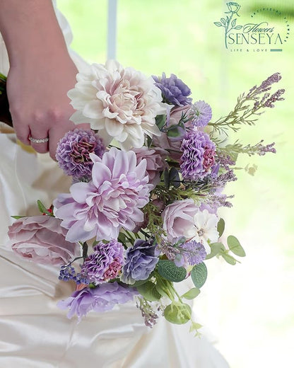 Senseya Artificial Flowers Combo Set, Purple Silk Roses, Peonies, Dahlias with Stems for DIY Wedding Bouquets, Baby Shower, Table Centerpieces, Home Decor, Fake Floral Arrangements, Party Decorations