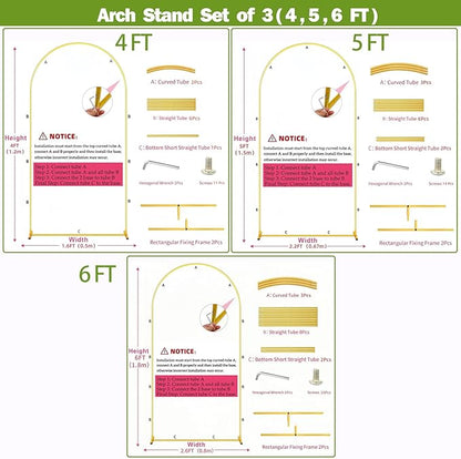 Metal Arch Backdrop Stand Set of 3(6 ft, 5 ft, 4 ft) Party Arch Stands for Wedding, Birthday, Baby Shower, Bridal Shower,Balloon Arched Frame for Garden Decor, Gold Floral Arches