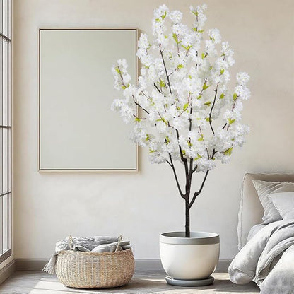 Indoor Faux Cherry Blossom Tree White Artificial Flower Tree, Artificial Cherry Blossom Tree 6 FT for Living Room Bedroom Decor Gift