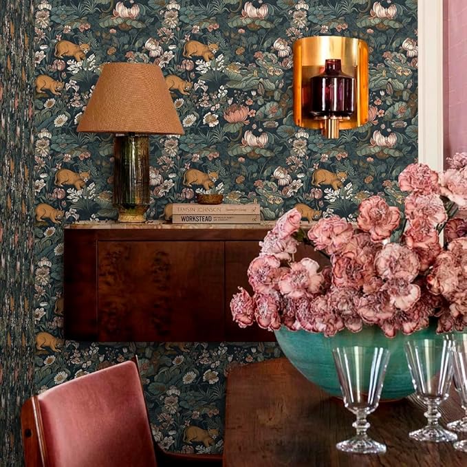 Vintage Maximalism Lotus Floral Animals Forest Green Leaf Peel and Stick Wallpaper Easy Peel Off Stick on Adhesive Wall Paper for Waterproof Renter