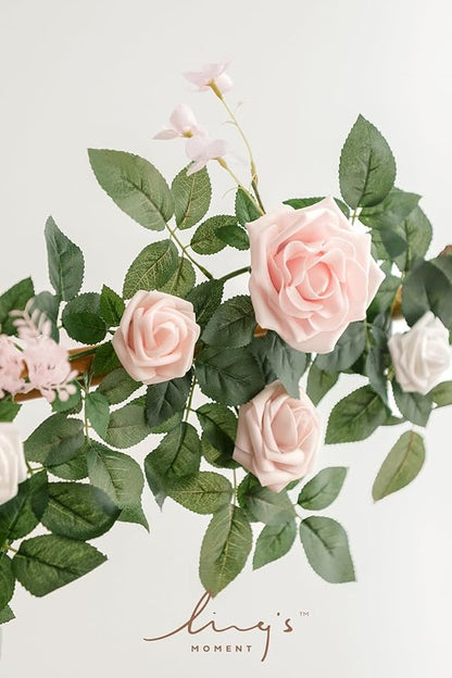 Ling's moment 5FT Blush Artificial Flower Garland Fake Pink Rose Leaves Floral Garland Arch Flowers Vine for Wedding Party Backdrop Decor Mantel Home Table Centerpieces Wall Decorations