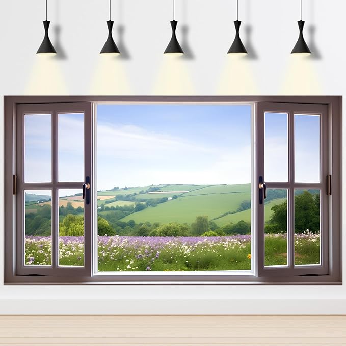 Window Scenery Photography Backdrop Open Window with View of Meadows and Fields Background Plants Flowers Background Party Banner Wall Decor Baby Kids Family Photo Shoot Props 15x8ft