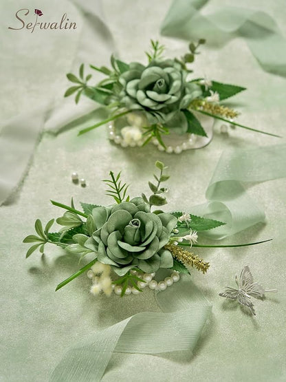 Serwalin Set of 2 Wrist Corsage for Wedding, 6-7inch Corsages Wristlet for Bridesmaid Mother Grandmother, Artificial Flowers for Prom Ceremony Anniversary, Green