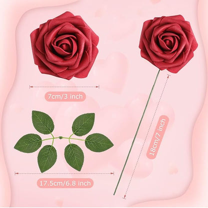 100 Pieces Artificial Foam Rose Flowers Faux Bouquet with Leaves and Stems for DIY Wedding Bouquets Centerpieces Bridal Shower Party Valentine Home Decorations(Burgundy)