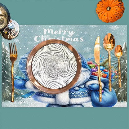 Xmas Christmas Gnomes Bule Snowflake Placemats Set of 6 PVC Vinyl Non Slip Table Mats Heat Resistant Place Mats Washable Wipeable Dining Table Mat for Kitchen Party Indoor Outdoor Decorative Gift
