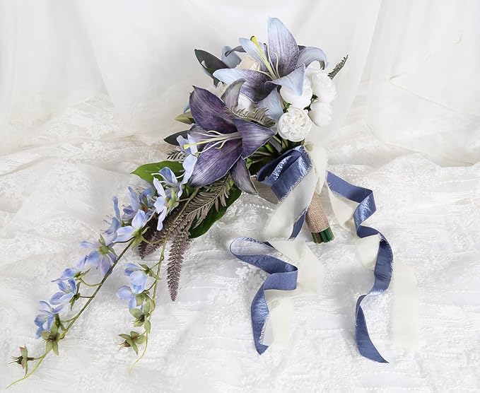 Bridal Bouquet,12 Inch Cascading Wedding Bouquets Bride Bouquets for Wedding Ceremony and Anniversary(Blue)