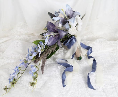 Bridal Bouquet,12 Inch Cascading Wedding Bouquets Bride Bouquets for Wedding Ceremony and Anniversary(Blue)